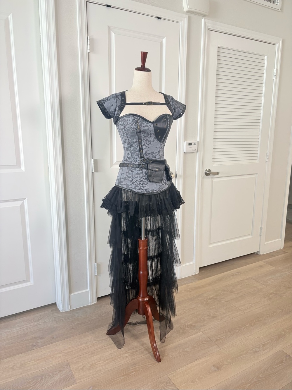 Victorian-Inspired Gray and Black Lace Corset Dress with Tulle Skirt
